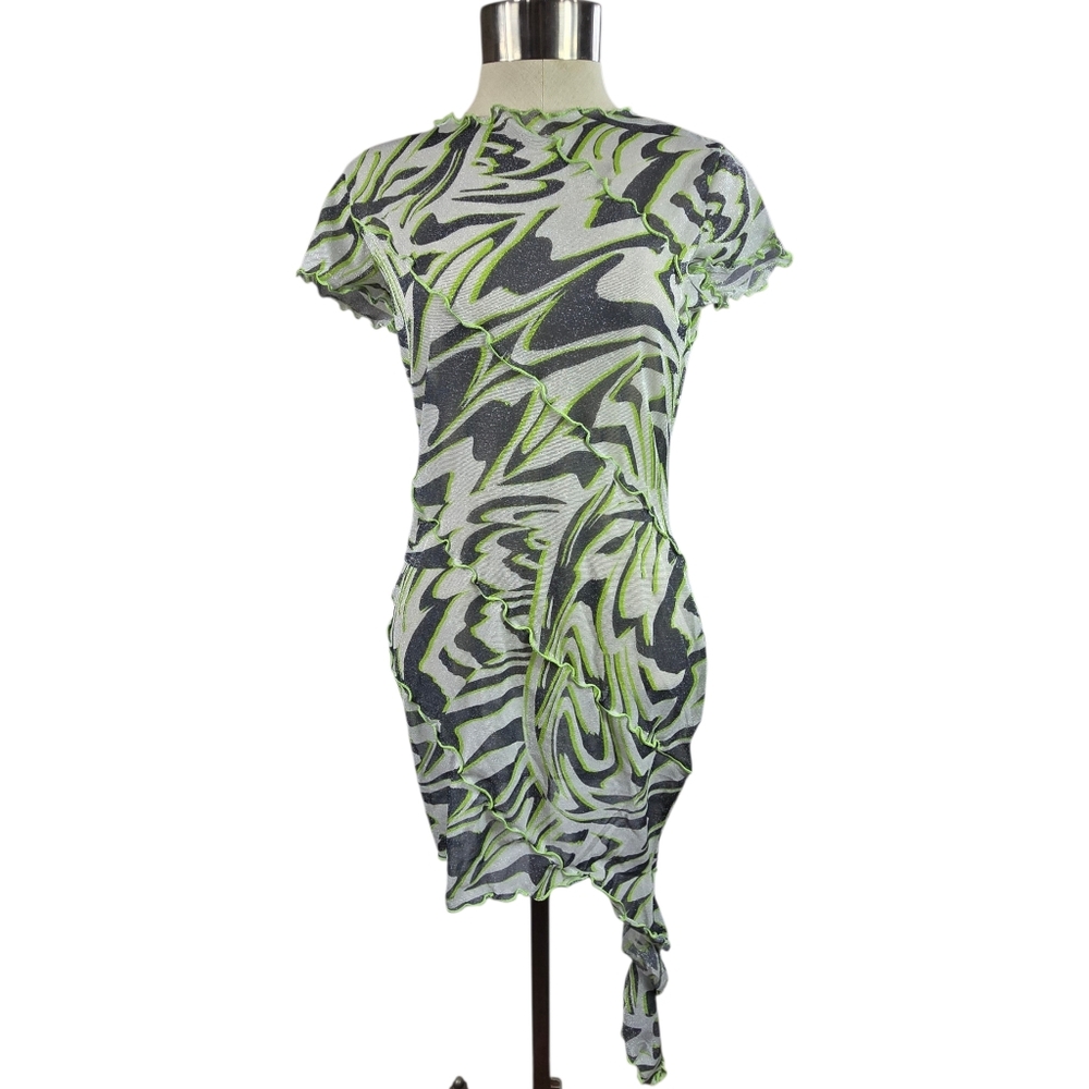 ASYOU Exposed Seam Asymmetric Glitter Mesh Dress in Abstract Print